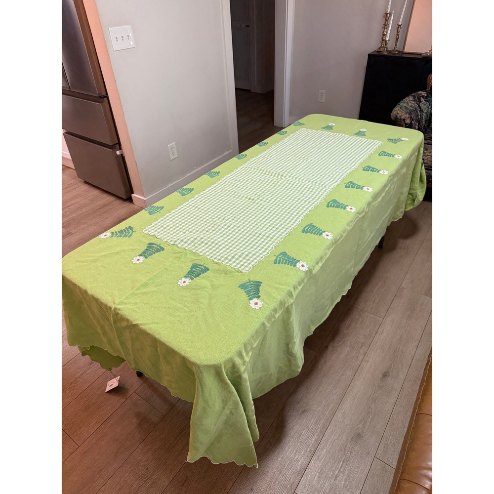 Vintage Green Floral & Gingham Tablecloth Cottagecore 94" x 67"